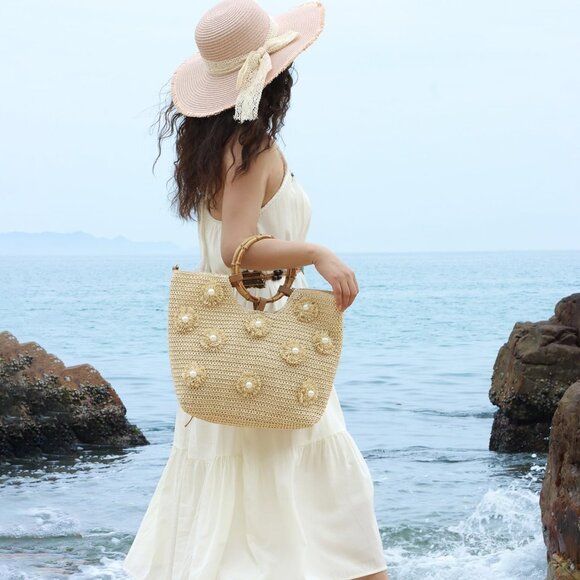 Straw Tote Bag Women Summer Beach Handbag with Pearls and Adjustable Strap - Picture 2 of 7